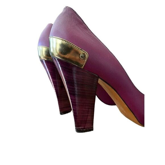 Pollini Women's 9.5 Euro 40 Purple Open Toe Pumps Snakeskin Gold Metallic Heels - Picture 10 of 10